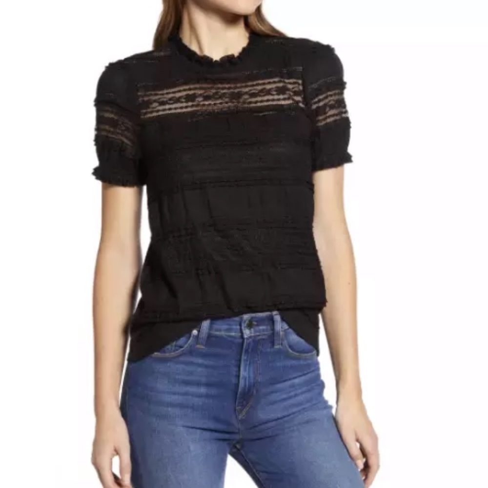 NWT Lucky Brand Lacy Puff-Sleeve Top Lucky Black L $79